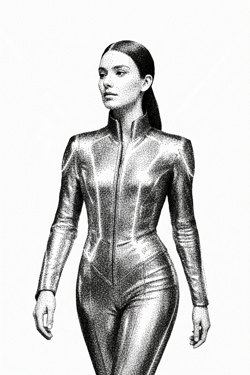 High-contrast stipple dotwork made of small black dots. No gradients, pure monochrome engraving style.