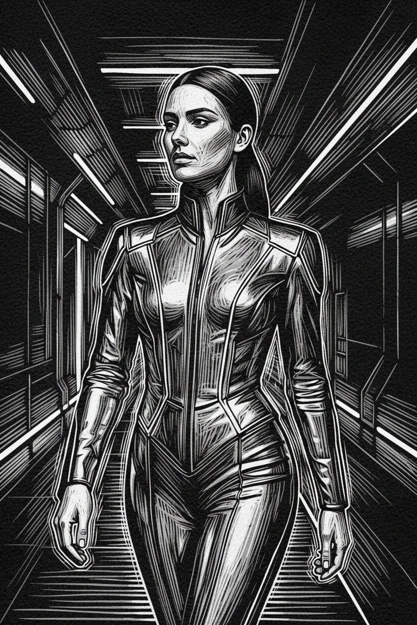 Bold carved woodcut style with thick lines and rough texture. Pure black and white only.