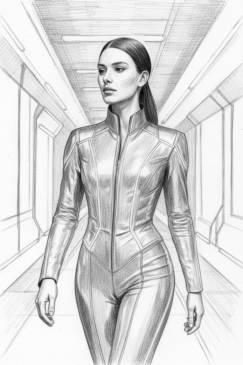 Pencil-style sketch with visible hatching lines. Pure black and white, full detail.